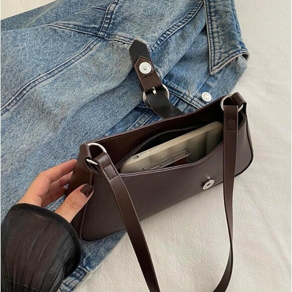 Women's Faux Leather Shoulder Bag Medium Zipper Buckle Casual Purse - Picture 4 of 6